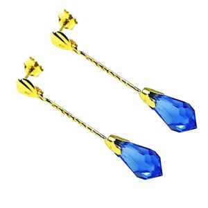 9ct Gold Swarovski Crystal Blue Drop Earrings, Made in UK, Gift , Boxed GD427