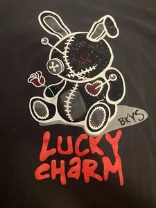BKYS Black LUCKY CHARM T-SHIRT BLACK VELVET APPLIQUÉ BUNNY  EMBROIDERY SIZE 2XL - Picture 1 of 3