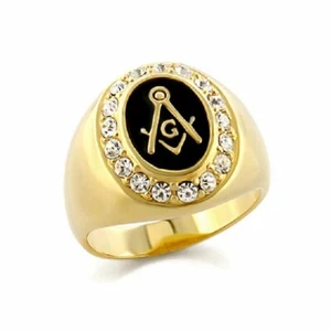 Anillo Masónico AzureBella Joyería Oro Amarillo Vinculado con Esmalte Negro y Cúbico - Imagen 1 de 1