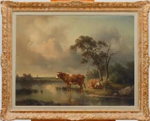 Handmade Old Master-Art Antique Oil Painting Animal Cows on canvas 30"X40" - Picture 1 of 2