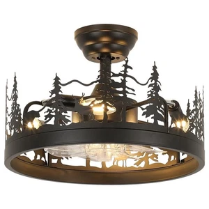 JUSHENG 17.71 in. Metal Black Rustic Ceiling Fan w/ Light & Remote, Reversible - Picture 1 of 9
