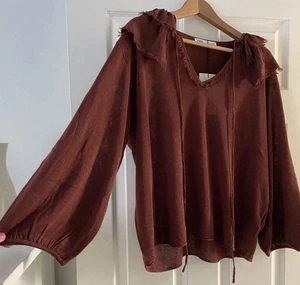 Zara Burgundy Brownish Linen Look Ruffle Blouse Top Size L (Generous) NWT £35.99 - Picture 1 of 11