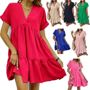 Women Ladies V Neck Frill Layered Summer Beach Tiered Smock Swing Mini Dress Top - Picture 1 of 11