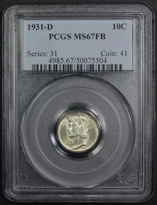 1931 D Full Split Bands Mercury Silver Dime 10C PCGS MS 67 FB - Image 1 of 4