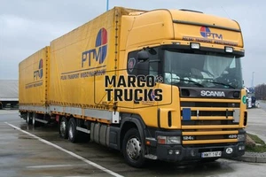 Truck photo Scania 124L 420 tarpaulin trailer Poland yellow PTM POLSKI TR #c7iv - Picture 1 of 1
