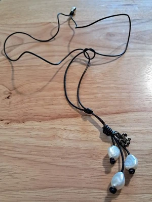 Brown Leather White Pearl Lariat Necklace w/Flor De Lis Charm Signed PC - Image 1 of 4