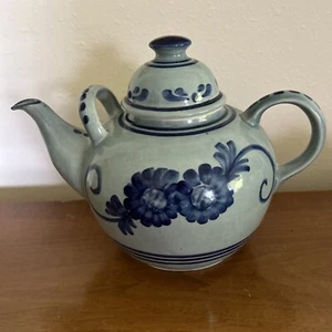Delft Blue and Gray  pottery Tea Pot With Unique Double Handle. Very Heavy. Nice - Picture 1 of 17