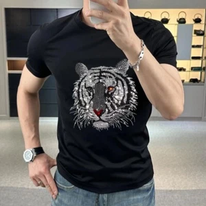 New Men Luxury Tiger Rhinestones Fashion Black White T-Shirt High Quality - Picture 1 of 14