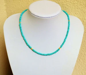 Natural Faceted 4mm Blue Turquoise Yellow Gold Necklace Handmade - Picture 1 of 5