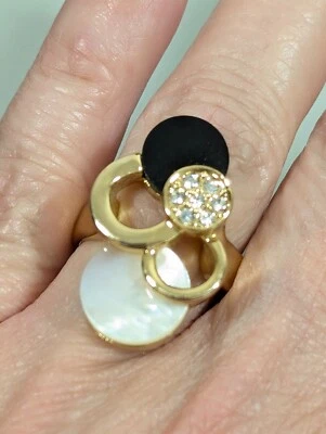 Vida Jewels Black White MOP Rhinestone Abstract Statement Cocktail Ring Sz 7 - Image 1 of 4
