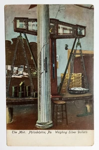 Philadelphia Mint Weighing Silver Dollars Mica Glitter Postcard c1900s PA - Picture 1 of 3