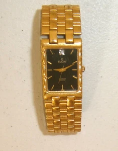 Elgin Diamond Gold Tone FM164 Quartz Rectangular Black Face Watch New Battery - Picture 1 of 12