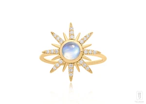 14K Gold Diamant und Regenbogen Mondstein aufgehende Sonne Ring - The Jewelz - Bild 1 von 11