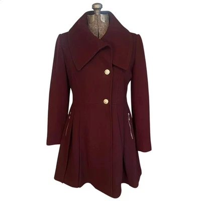 Abrigo GUESS Mezcla Lana Borgoña Dorado Botón Frontal Cuello Ancho Mujer’s L Abrigo Guisante Foto 1 de 4