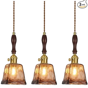 Adjustable Amber Colored Hand Blown Vintage Style Glass Pendant Lights, 3-Pack - Picture 1 of 9