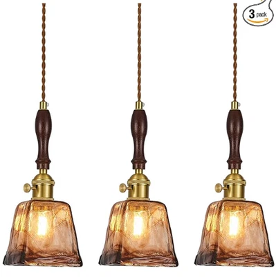 Luces Colgantes Ajustables de Vidrio Soplado a Mano Estilo Vintage Color Ámbar, Paquete de 3 Foto 1 de 4