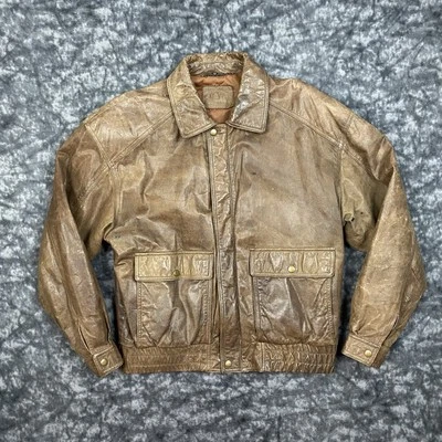Chaqueta de cuero vintage Works By Fidelity para hombre talla grande 40 marrón bombardero vuelo Foto 1 de 4