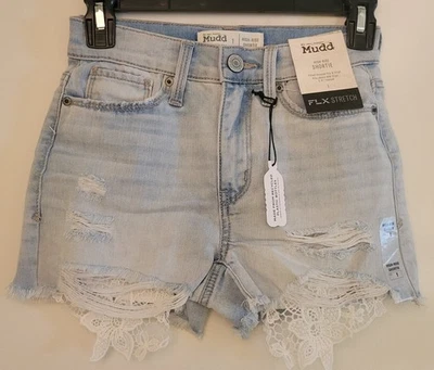 Pantalones Cortos de Jean Mudd Tiro Alto FLX Elastizados con Acento de Encaje Talla 1 Foto 1 de 4