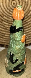 Vtg Halloween Pottery Tree Bats Ghosts Witch Pumpkin Home Decor 11” Handpaint - Picture 1 of 14