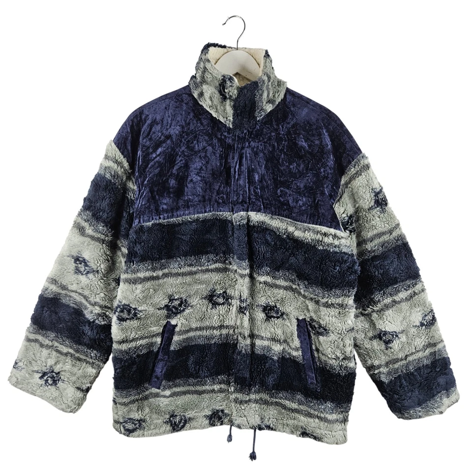 Chaqueta polar gris azul vintage para mujer patrón de rayas isla justa cremallera completa XL Foto 1 de 4