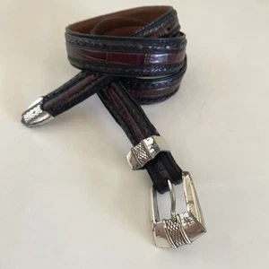 BRIGHTON Belt S 32 Onyx Black & Brown Leather & Western Motif Silver Buckle - Picture 1 of 5