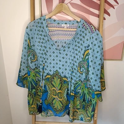 POSTIE Boho Kaftan Top Tassles Bohemian Hippie Peasant Resort Cruise AU 16 L - image 1 of 4