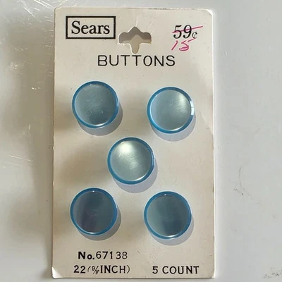 Vtg Sears Blue Pearl Shank Button Set 5 On Card 9/16" Iridescent Retro New - Image 1 of 4