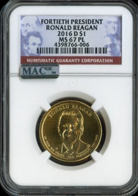 2016-D Ronald Reagan Dollar NGC MS67 Proof Like - 40th U.S President - Image 1 of 2