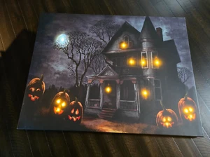 Kirklands Halloween Haunted House LIGHT UP Pumpkins Moon Canvas Print 25" x 19" - Picture 1 of 3