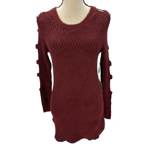 Crave Fame Long Cut Out Ladder Sleeve Crew Neck Sweater - Maroon - XS - Picture 1 of 8
