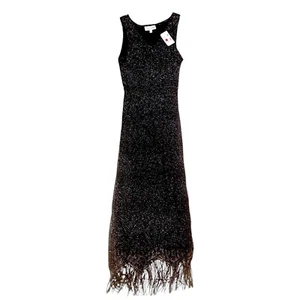 Y2k Harlow Fringe Evening Dress Black Glitter 10 Petite Vintage Formal Flapper - Picture 1 of 7