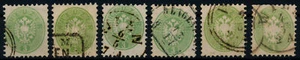 Österreich 1864 6Stk. Marken! Alle 3kr, grün! Schöne Farben/FARBVARIANTE! - Bild 1 von 1