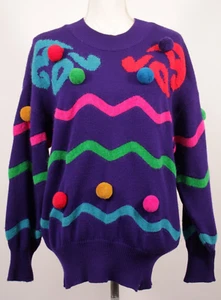 VTG Women's 80s 90s Colorful Escada Pom Pom Sweater Sz M/L 1980s 1990s Wool Knit - Picture 1 of 14