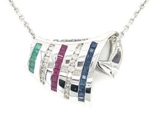 RUBY EMERALD SAPPHIRE & DIAMOND SLIDE PENDANT NECKLACE 14K WHITE GOLD Oval link - Picture 1 of 9