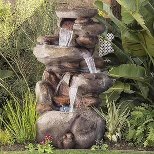 Outdoor Floor 4 Tiered Rock Water Fountain Natural Stone Look LED Lights 40" H - Picture 1 of 11