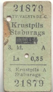 #019 LATVIA 1940 EDMONDSON RAILWAY TRAIN TICKET ROUTE KRUSTPILS-STABURAGS - Picture 1 of 1