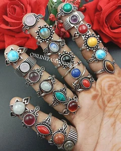 Larimar & Mix Gemstone 925 Sterling Silver Plated Wholesale Lot Boho Rings - Picture 1 of 3