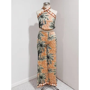 Conjunto de 2 piezas de top y pantalón halter con estampado de palmeras tropicales Joie para mujer talla XS - Imagen 1 de 8