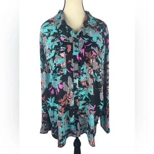 Boutique Damen mehrfarbig Knopfleiste Langarm Bluse mit Fronttaschen Größe: 1X - Bild 1 von 6