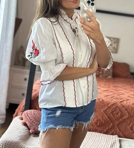 Blusa Vintage Talla XL Blanca Volantes Rosa Bordada Manga 3/4 - Imagen 1 de 10