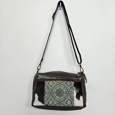 Myra Bag Purse Womens Small Brown Green Canvas Cowhide Southwest Crossbody Boho - Image 1 of 4