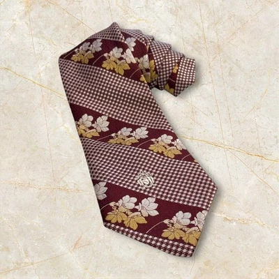 Vintage Oleg Cassini Borgonha Ouro Gravata Larga 4" Floral Houndstooth Poliéster - Imagem 1 de 4