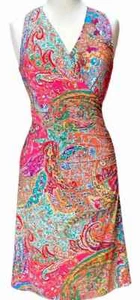 Ralph Lauren Paisley Sheath Dress SMALL Ruched Faux Wrap V-Neck Orange Flamingo - Picture 1 of 9