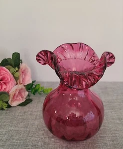 Vintage Fenton Blown Cranberry Art Glass Vase Ribbed Ruffled Flower Shape - Picture 1 of 7