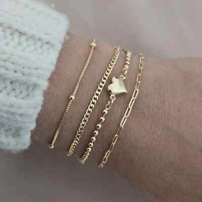 Juego de brazaletes de amor llenos de oro de 18k para mujer, pulsera de todos los días, juego de brazaletes de corazón Foto 1 de 4