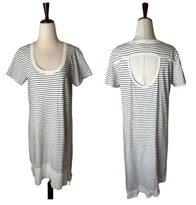 左中心连衣裙女式中号象牙色黑色度假休闲条纹不对称 — 第 1/4 张图片