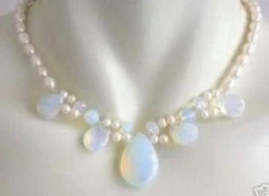 Blue Fire Opal White Fresh Water Real Pearl Cluster Pendant Necklace 18" AA - Picture 1 of 1
