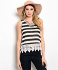 Women Sleeveless Stripe Crochet Relaxed Fit Casual Knit Top Blouse Shirt Summer