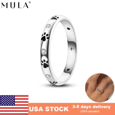 MULA 925 Sterling Silver Finger Ring CZ Black Enamel Paw Print For Women Jewelry - Image 1 of 4