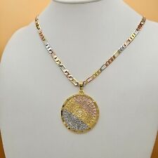 Tri Color Gold Plated Antient Aztec Mexica Calendar Medal - Sun Stone Necklace